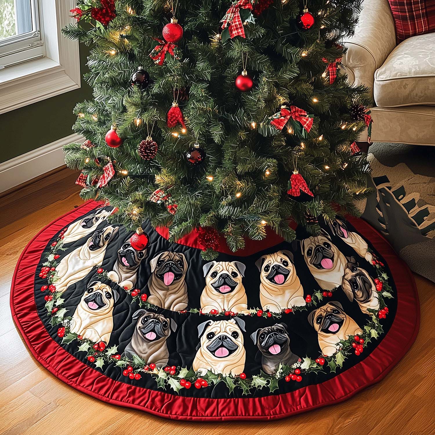 Jolly Pug Christmas Quilted Christmas Tree Skirt