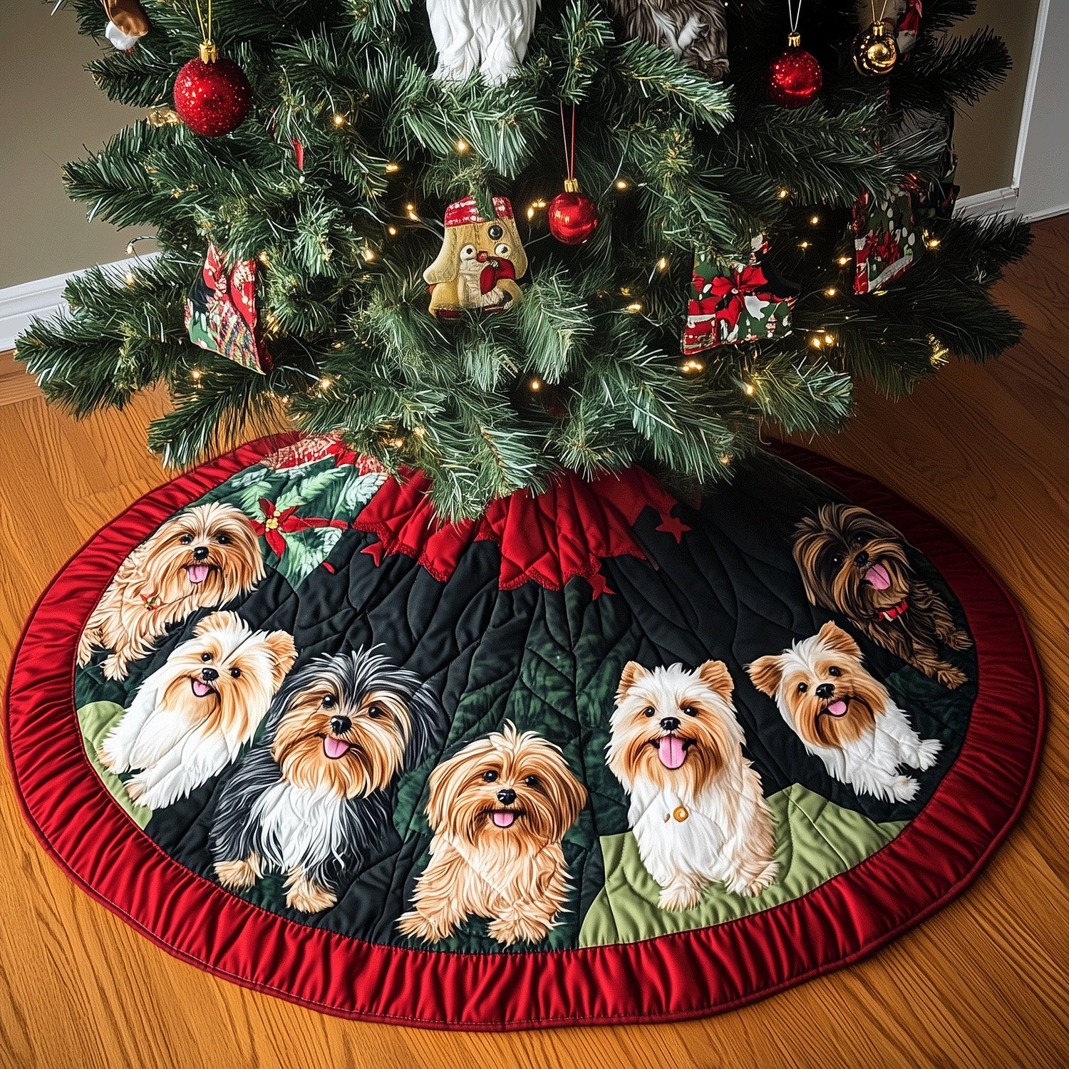 Yorkie Noel Quilted Christmas Tree Skirt