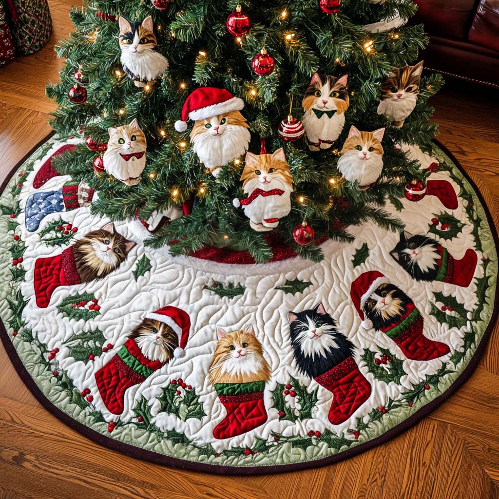 Feline Frost Christmas Quilted Tree Skirt