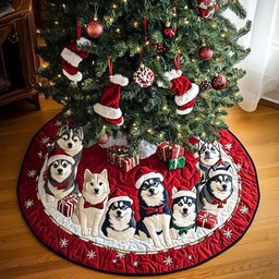 Winter Husky Christmas Quilted Tree Skirt