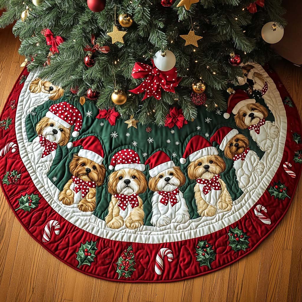 Shih Tzu Holiday Joy Christmas Quilted Tree Skirt