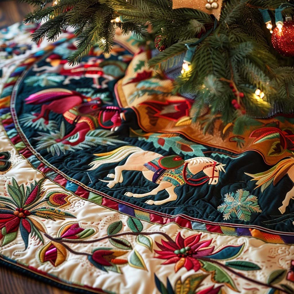 Colorful Horse Christmas Quilted Tree Skirt