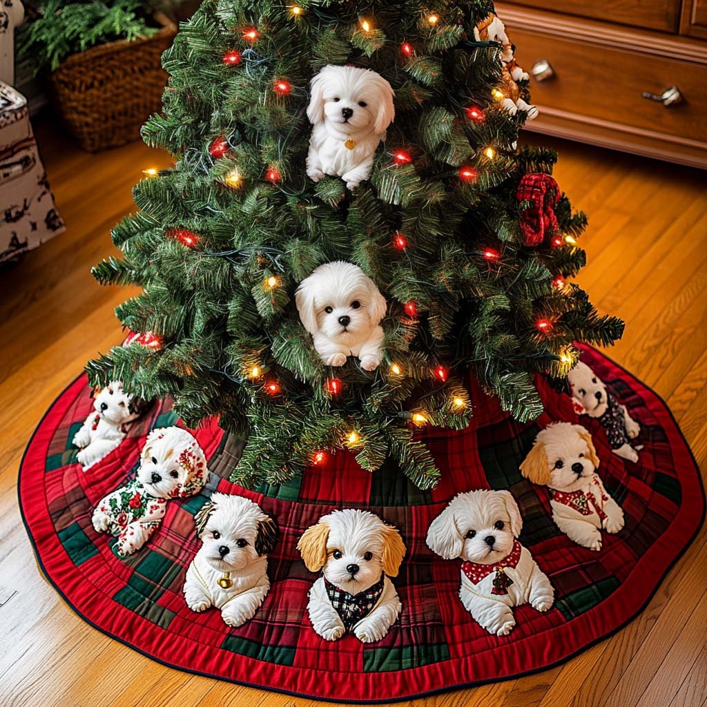 Merry Bichon Delight Christmas Quilted Tree Skirt