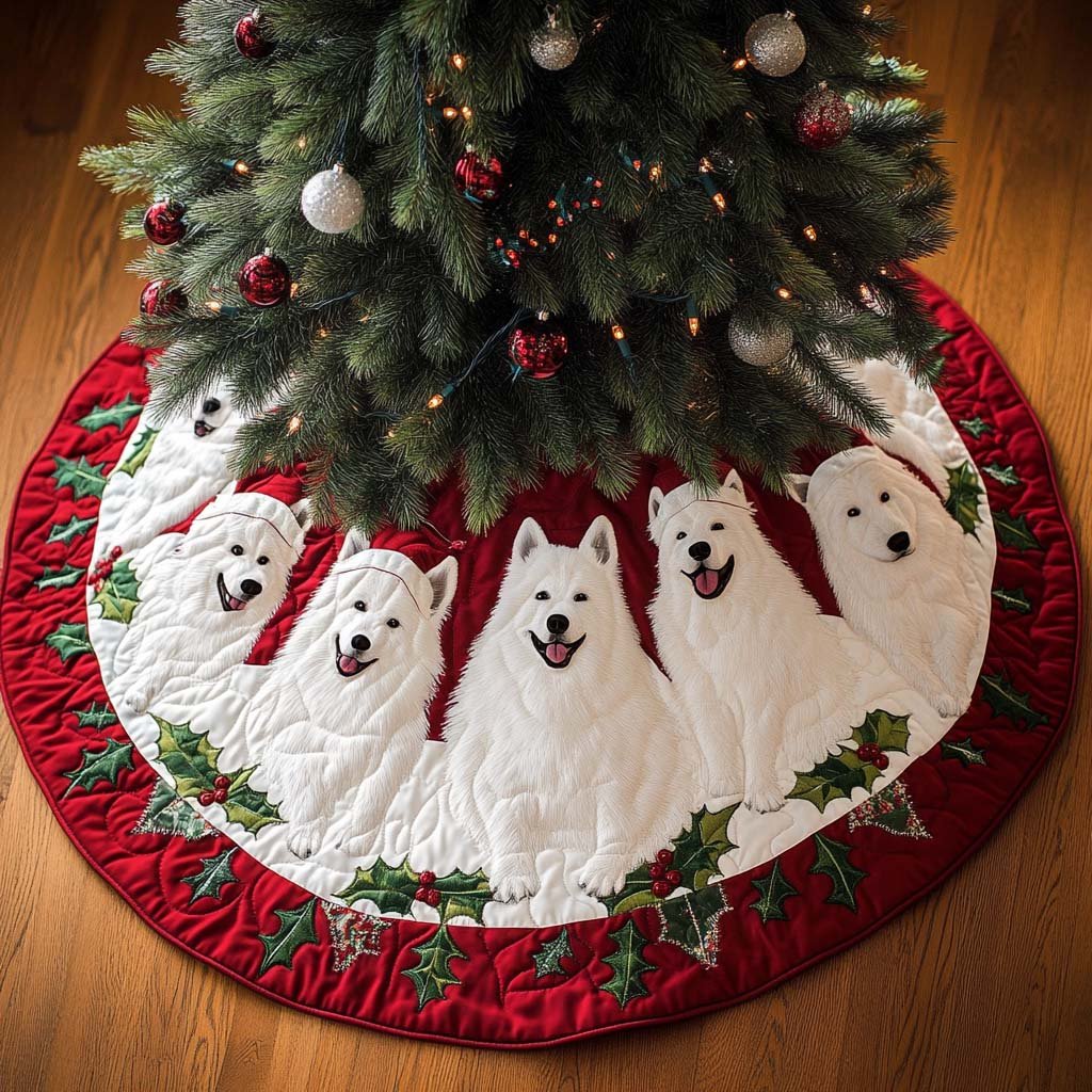 Samoyed Holiday Joy Christmas Quilted Tree Skirt