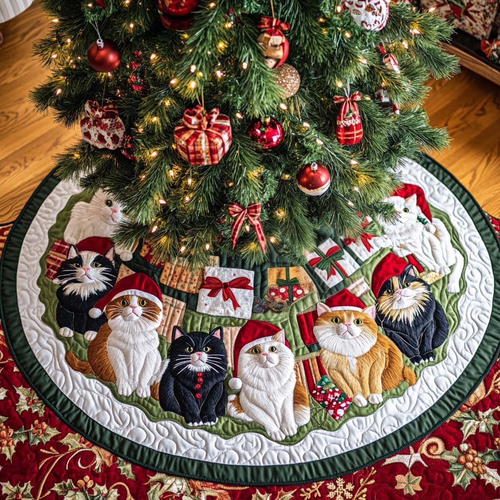 Cozy Catmas Christmas Quilted Tree Skirt