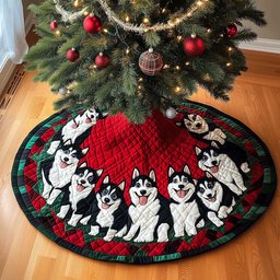 Snowy Husky Christmas Quilted Christmas Tree Skirt