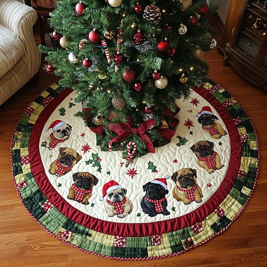 Pug Xmas Joy Christmas Quilted Tree Skirt