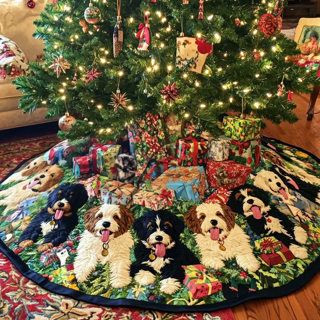 Cozy Bernedoodle Noel Christmas Quilted Tree Skirt