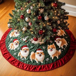Pomeranian Charm Christmas Quilted Tree Skirt