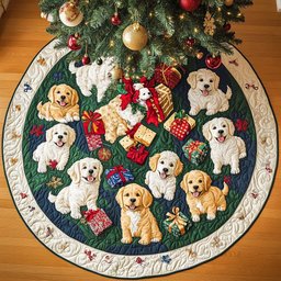 Holly Jolly Golden Chritstmas Quilted Tree Skirt