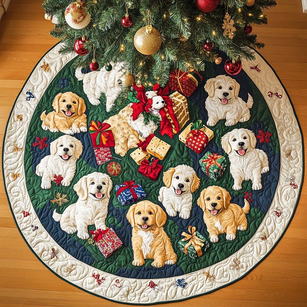 Holly Jolly Golden Chritstmas Quilted Tree Skirt