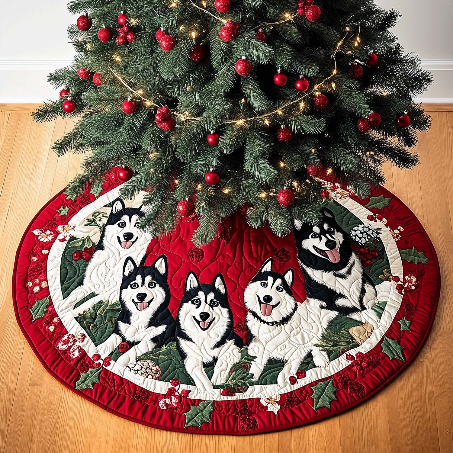 Husky Cheer Quilted Christmas Tree Skirt