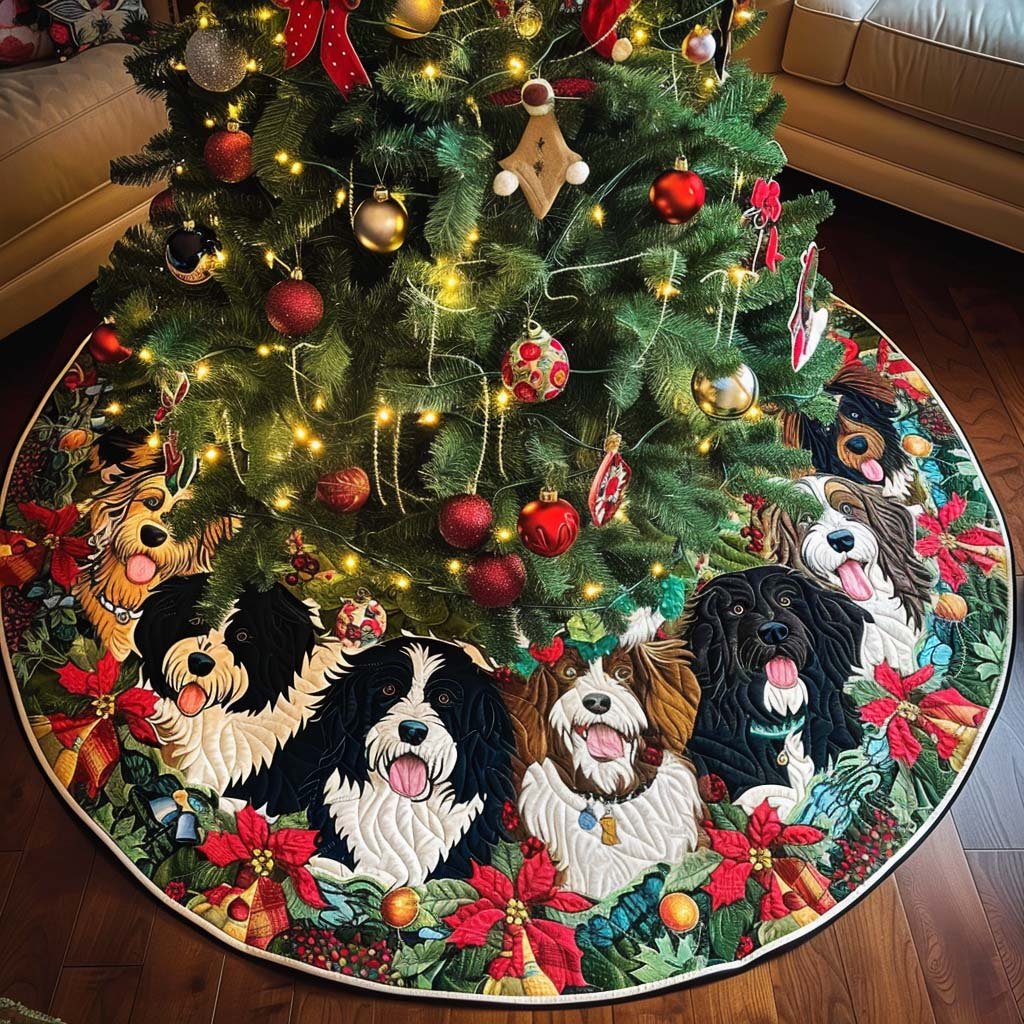 Bernedoodle Holiday Joy Christmas Quilted Tree Skirt