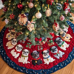 Pug Holiday Joy Christmas Quilted Tree Skirt
