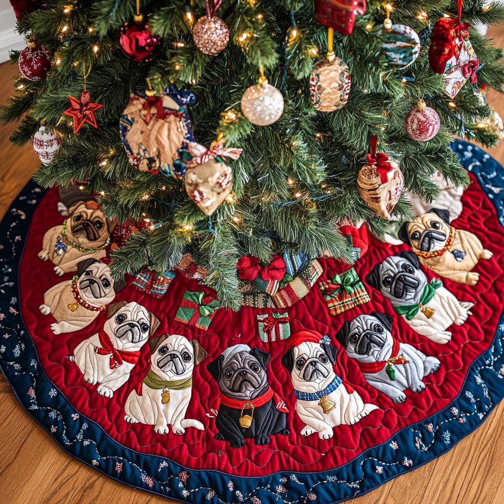 Pug Holiday Joy Christmas Quilted Tree Skirt