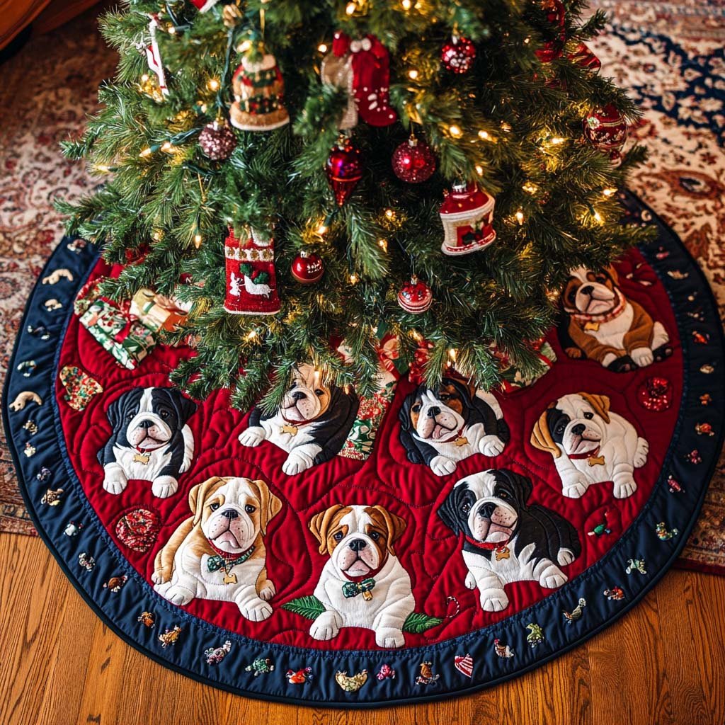Bulldog Holiday Joy Christmas Quilted Tree Skirt