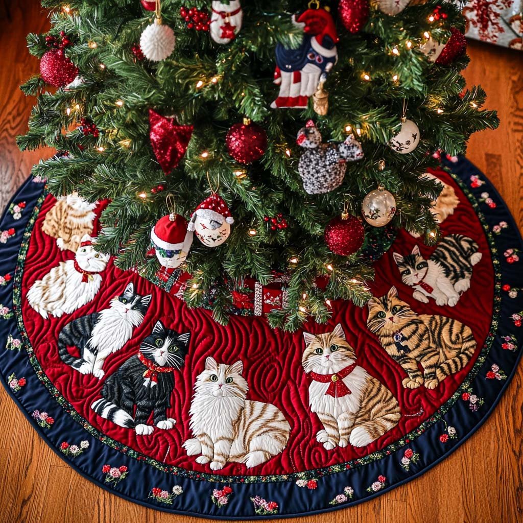 Feline Noel Charm Christmas Quilted Tree Skirt