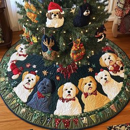 Shih Tzu Sleigh Bells Christmas Quilted Tree Skirt