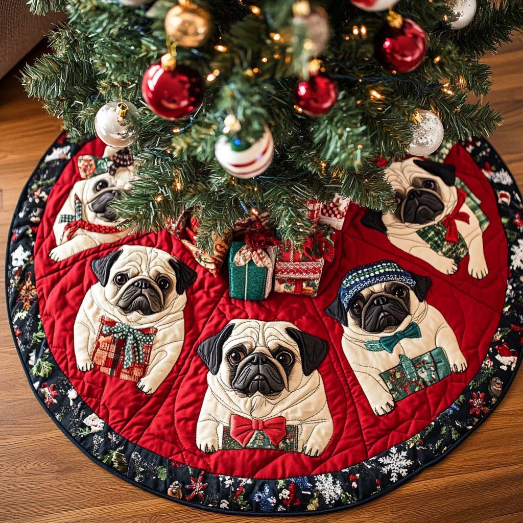 Pug Xmas Joy Christmas Quilted Tree Skirt