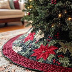 Winter Poinsettia Christmas Quilted Tree Skirt