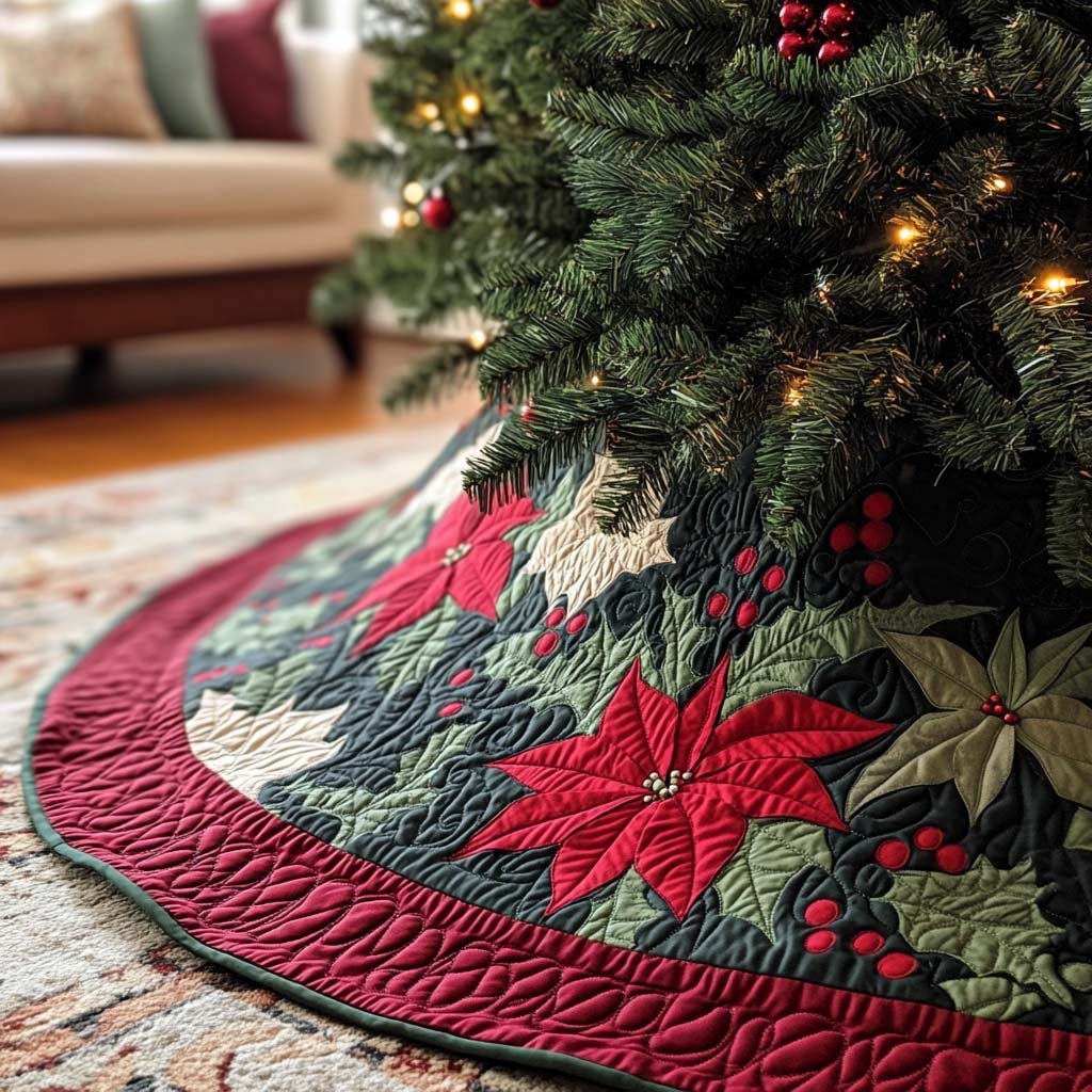 Winter Poinsettia Christmas Quilted Tree Skirt