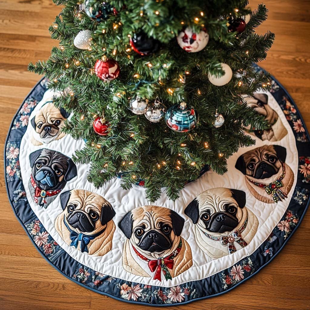 Christmas Pug Christmas Quilted Tree Skirt