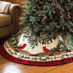 Festive Cardinals Christmas Quilted Tree Skirt