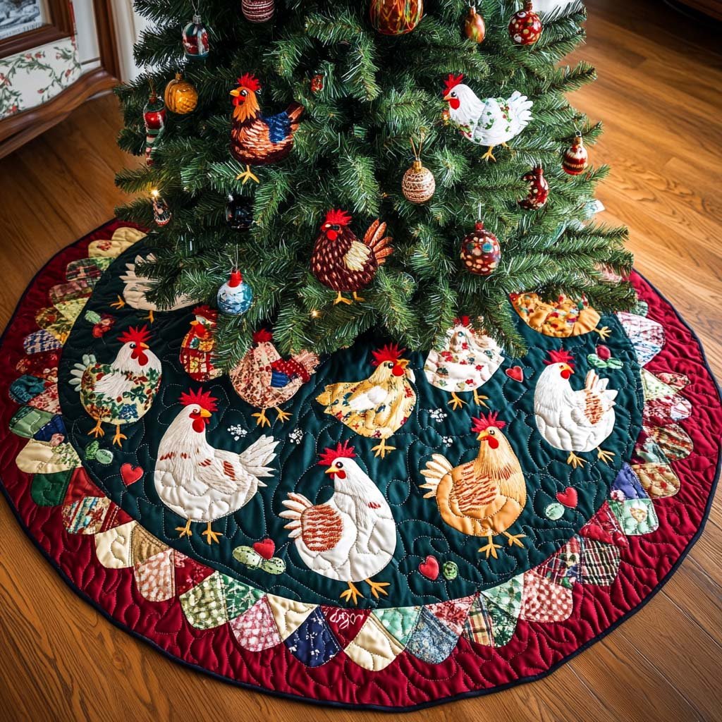 Cheerful Chicks Christmas Quilted Tree Skirt