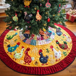 Cheerful Hens Christmas Quilted Tree Skirt