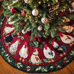 Holiday Roosters Christmas Quilted Tree Skirt