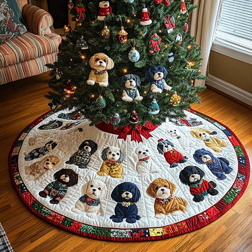 Snowy Shih Tzu Dreams Christmas Quilted Tree Skirt