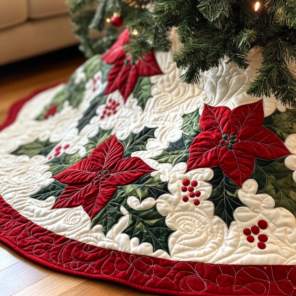 Poinsettia Bliss Christmas Quilted Tree Skirt