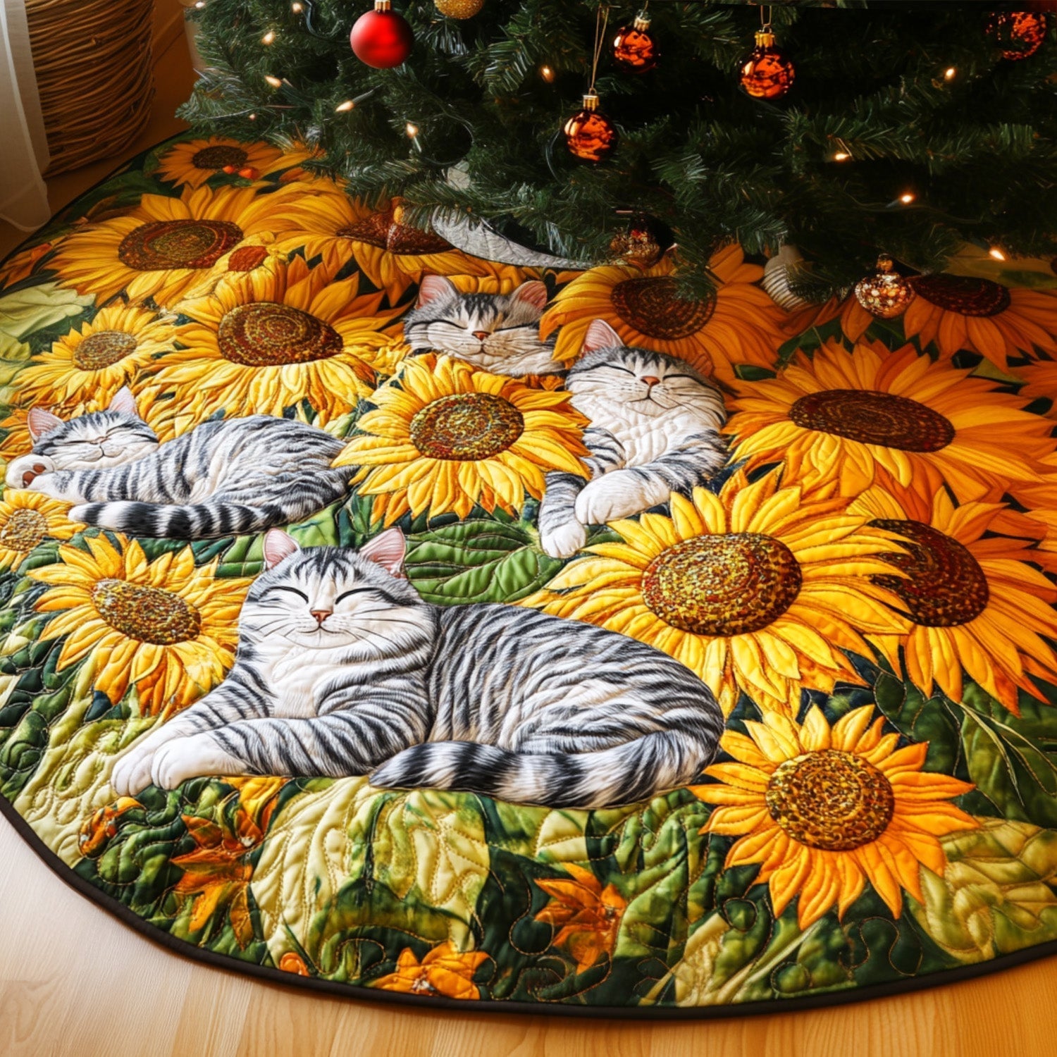 Sunshine and Whiskers Quilted Christmas Tree Skirt