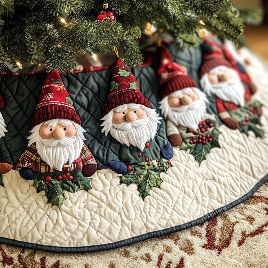 Woodland Gnomes Quilted Christmas Tree Skirt