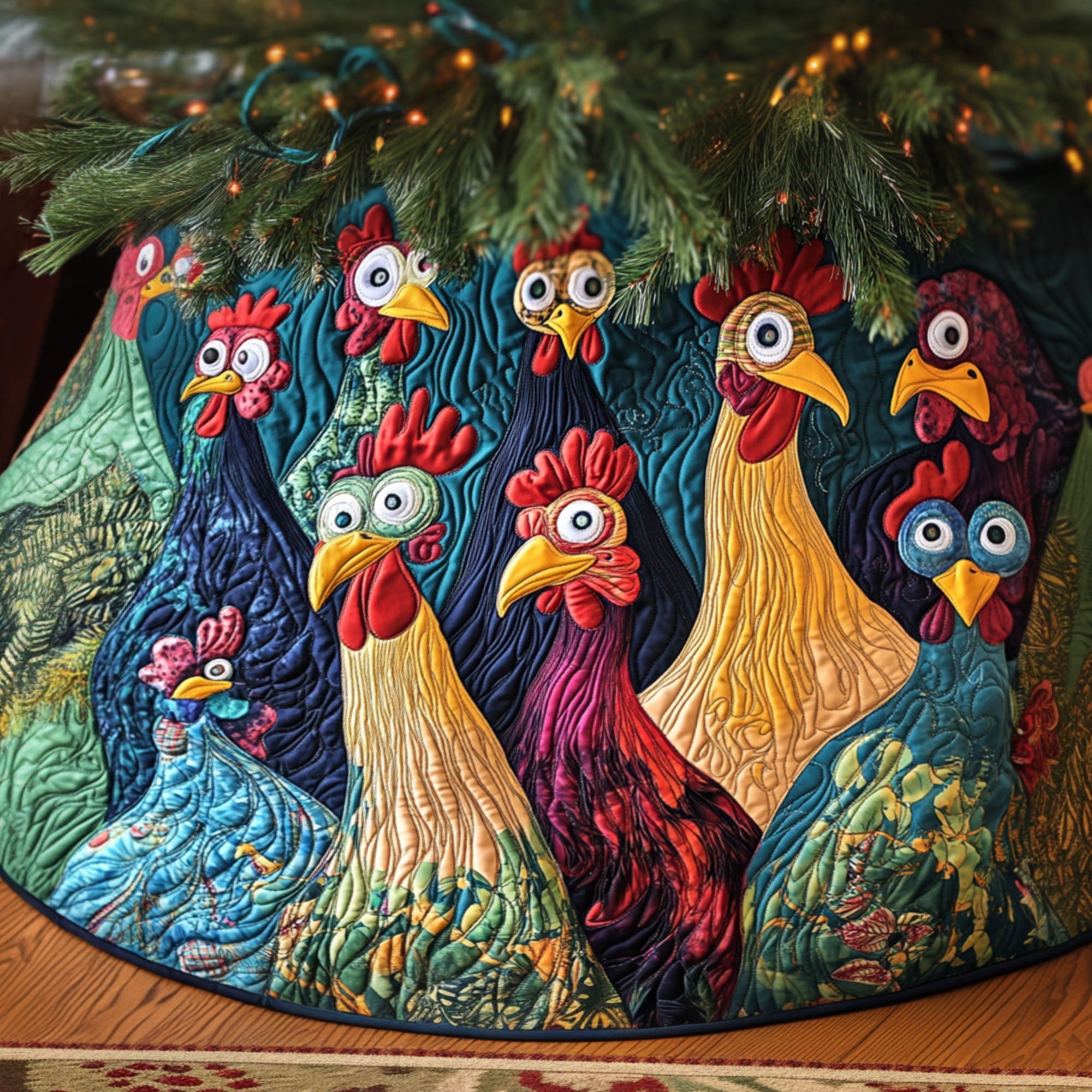 Rustic Roosters Quilted Christmas Tree Skirt