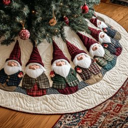 Gnome Parade Quilted Christmas Tree Skirt