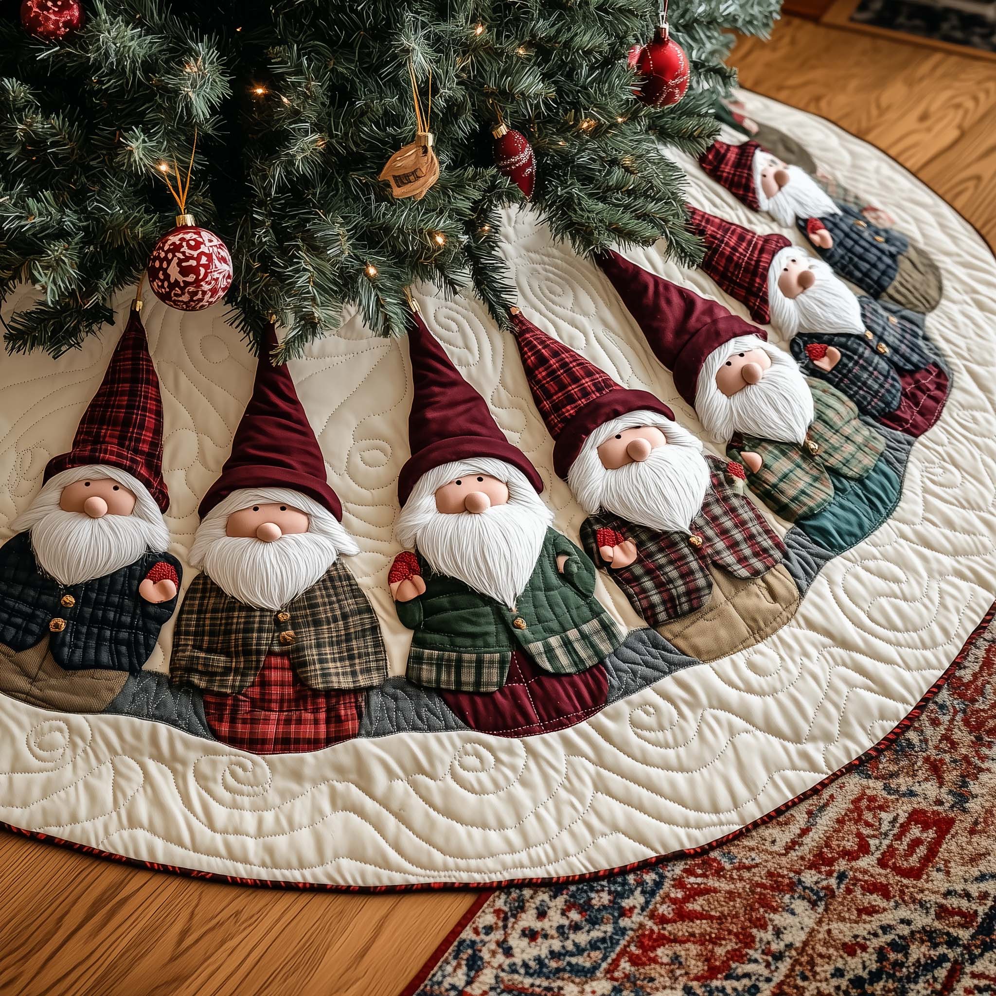 Gnome Parade Quilted Christmas Tree Skirt