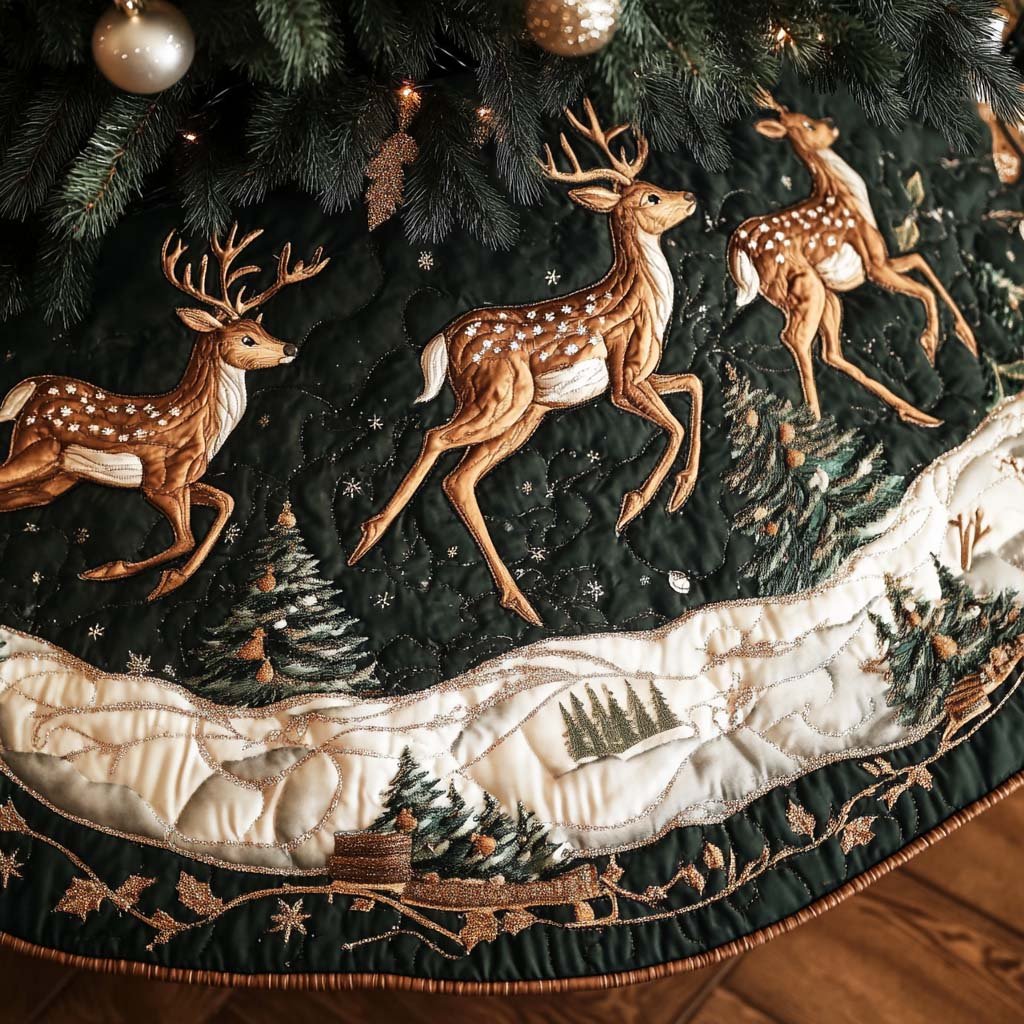 Reindeer Run Quilted Christmas Tree Skirt