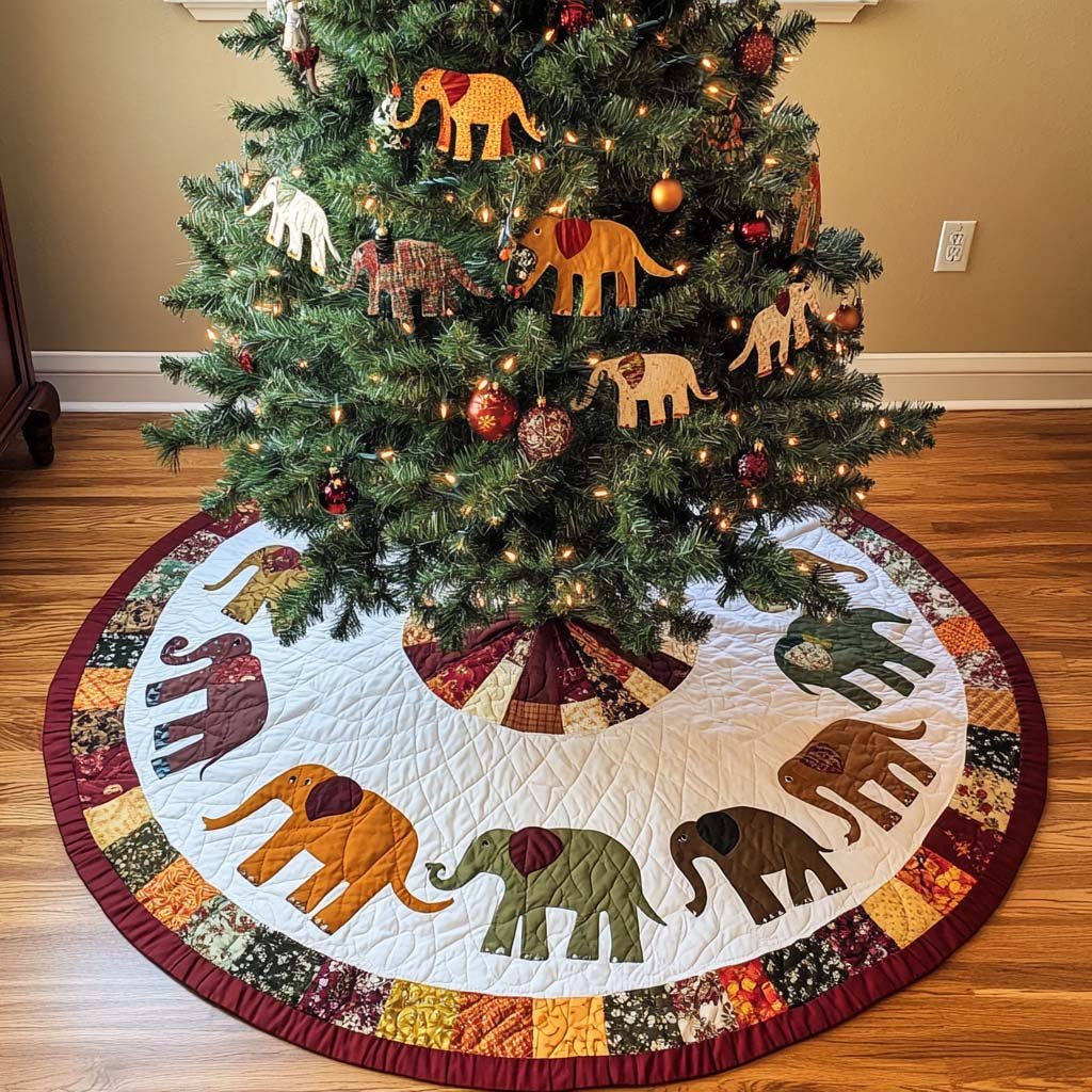 Autumn Elephants Christmas Quilted Tree Skirt
