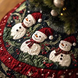 Cozy Snowmen Quilted Christmas Tree Skirt