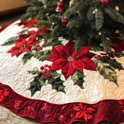 Holly Poinsettia Christmas Quilted Tree Skirt