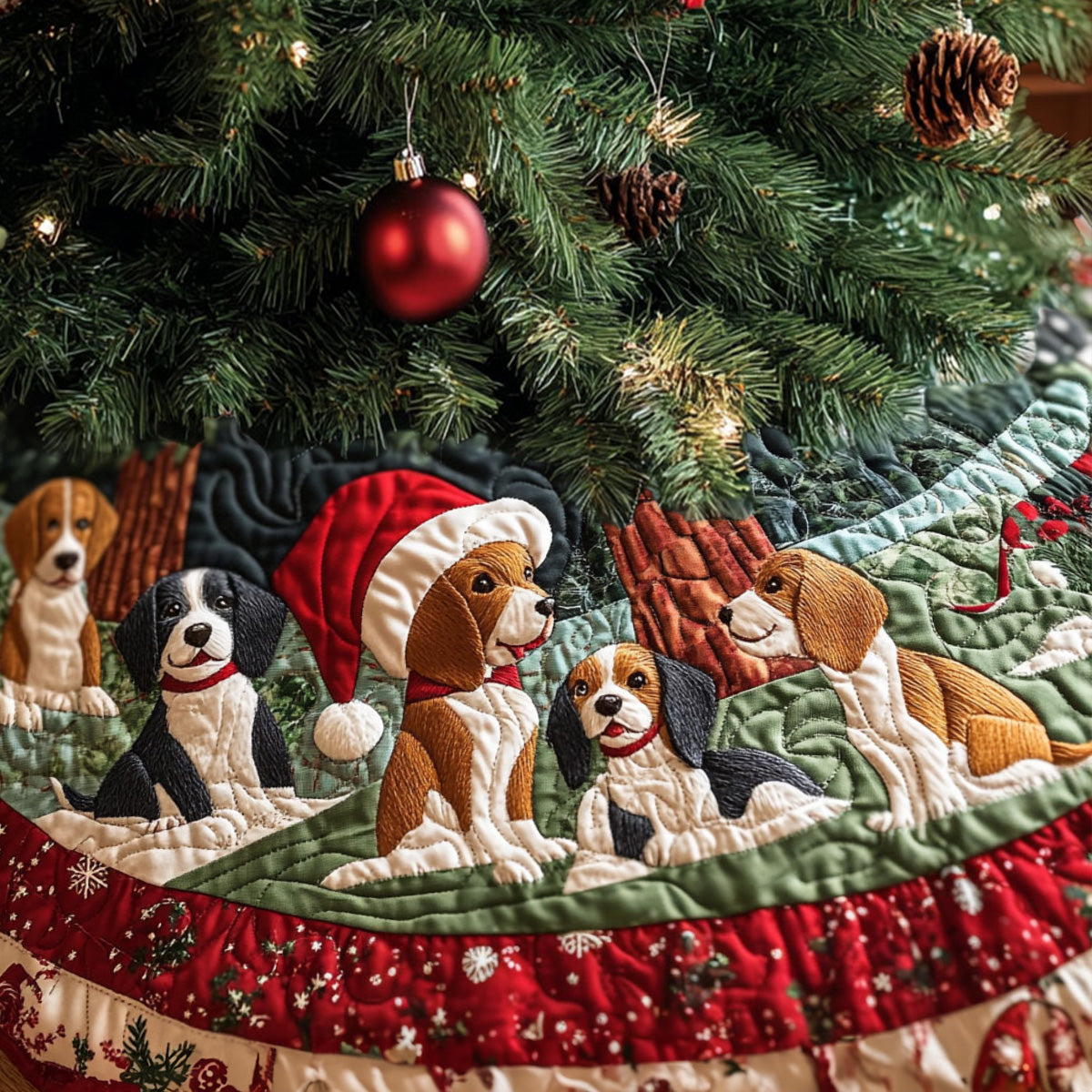 Beagle Jingle Paws Quilted Christmas Tree Skirt