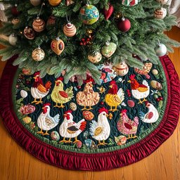 Yuletide Chickens Parade Christmas Quilted Tree Skirt