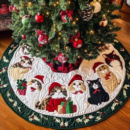 Kitty Claus Celebration Christmas Quilted Tree Skirt