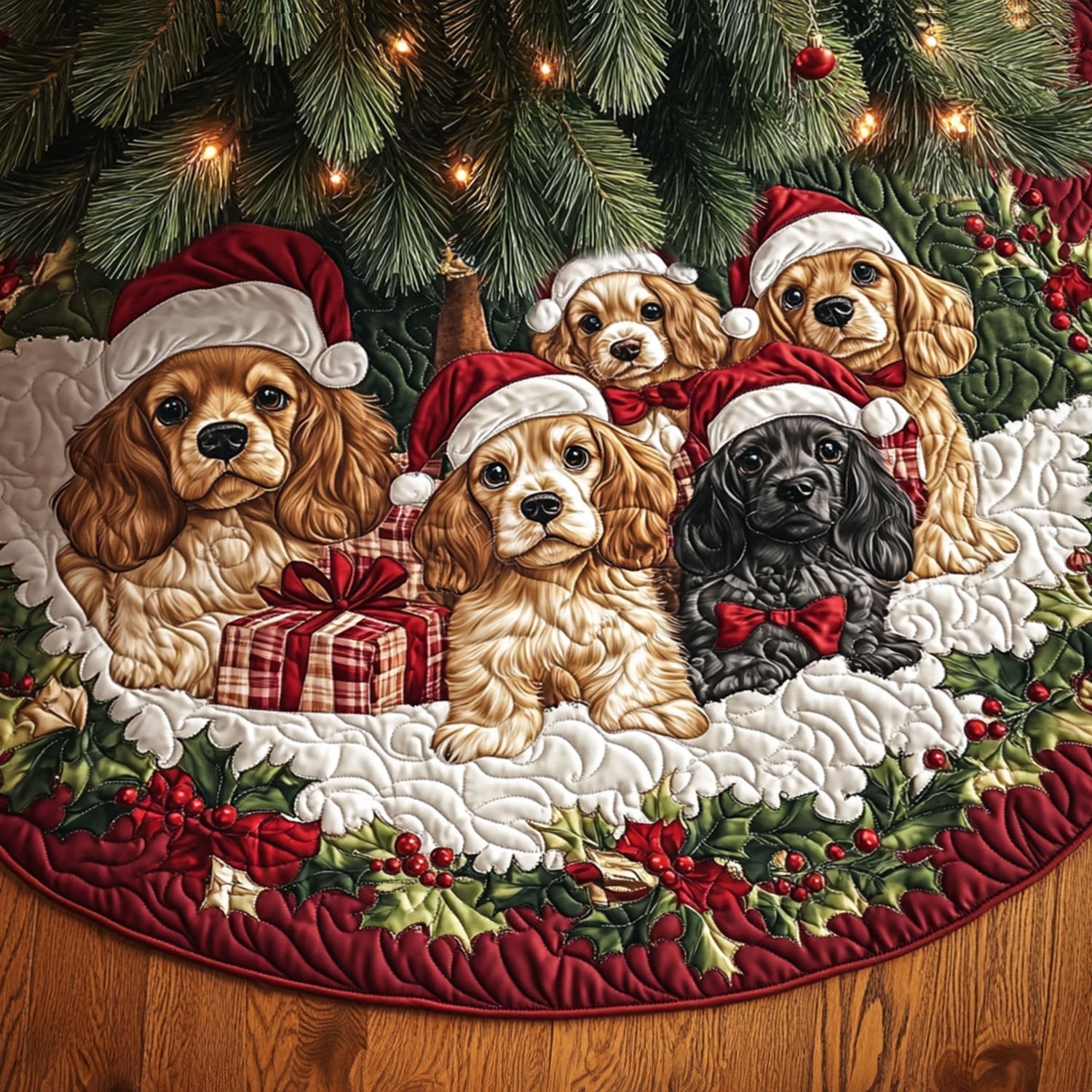 Spaniel Meadow Quilted Christmas Tree Skirt
