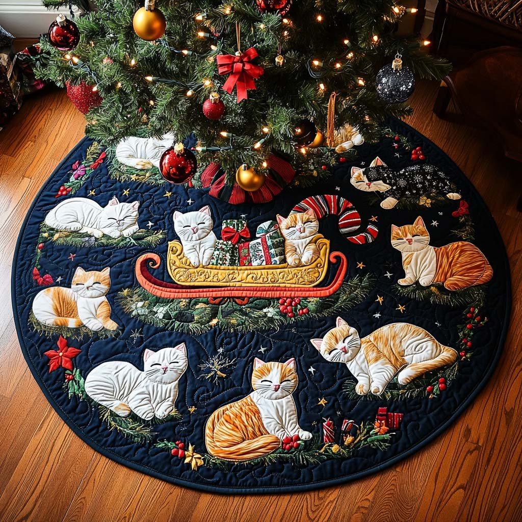 Santa Paws Cat Christmas Quilted Tree Skirt