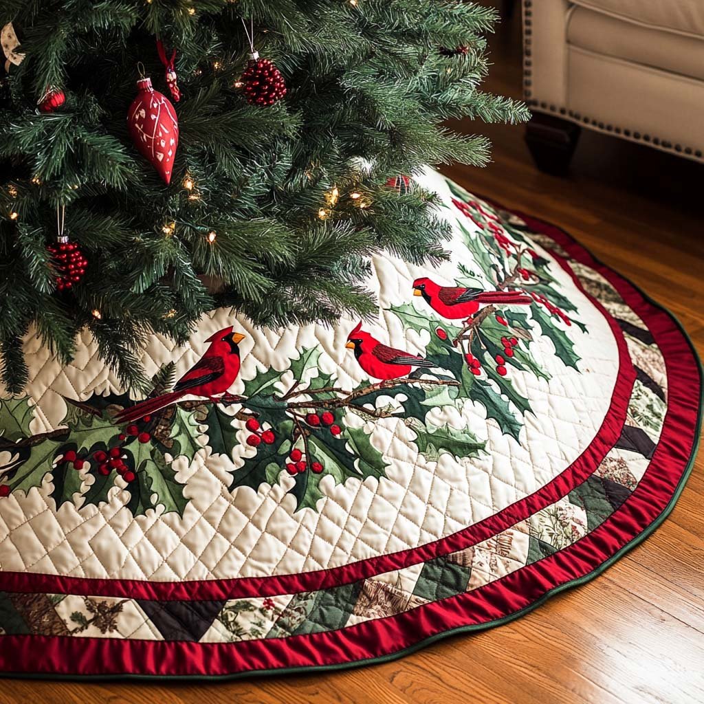 Holly Cardinal Christmas Quilted Tree Skirt