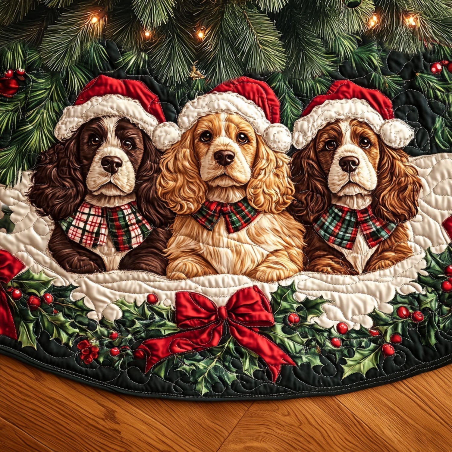 Sweet Spaniel Quilted Christmas Tree Skirt