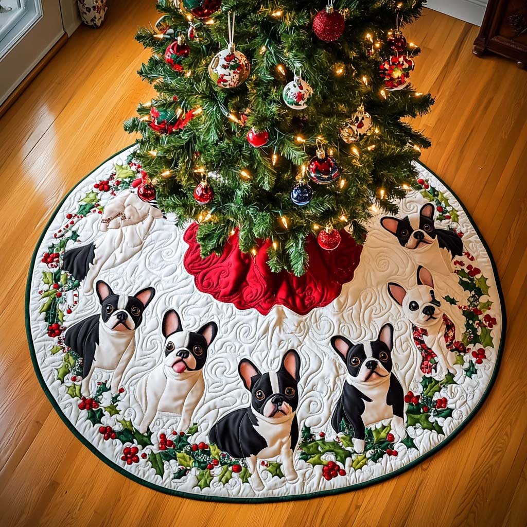 Christmas Eve with Boston Terrier Christmas Quilted Tree Skirt