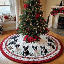 Boston Terrier Wrapped in Lights Christmas Quilted Tree Skirt